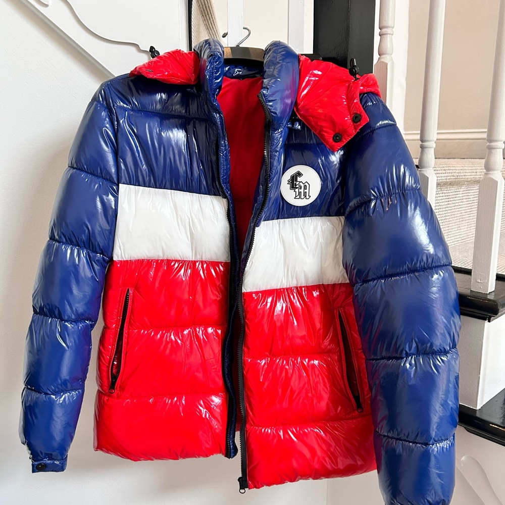 Stylish Red, Blue, and White Puffer Jacket